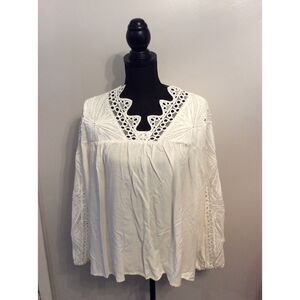 Cactus And Pearl Medium White Pleated Tunic Top Ruffled Lace Sleeves Bib Collar